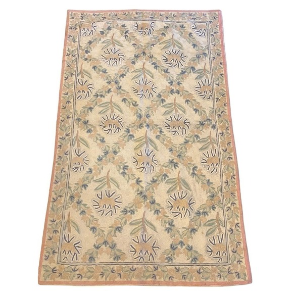 Vintage Handmade Chain Stitch Wool Cotton Blend Floral Rug 59 x 36 - Picture 1 of 8